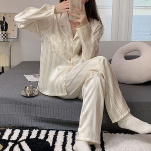 Set di pigiami in raso di seta di ghiaccio da <span class=keywords><strong>donna</strong></span> per adulti 2 pezzi primavera-autunno <span class=keywords><strong>abbigliamento</strong></span> per la casa con elastico in vita per indumenti da notte estivi - Product Image 6