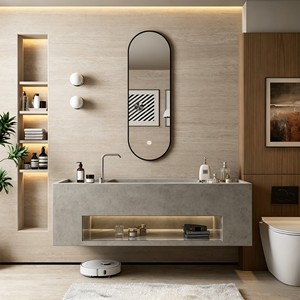 Lavabo minimalista personalizado de losa de roca gris sin juntas, espejo inteligente colgante de pared para baño, ideal para villas y hoteles. - Product Image 1