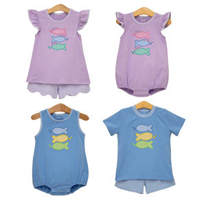 Tenues décontractées personnalisées pour enfants : shorts respirants à motifs de coquillages et barboteuses bulles pour tout-petits, assorties pour frères et sœurs - Product Image 1