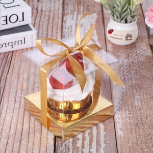 Gold Ribbon Transparent Square PET Cupcake Boxes Muffin Cake Packing Box