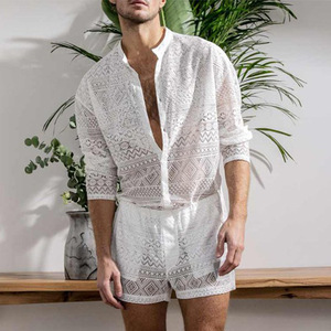 King Mcgreen Star Summer New Hollow Out Sexy Lace Shorts Shirt set abbigliamento moda <span class=keywords><strong>uomo</strong></span> Trendy Elegant Beach - Product Image 5