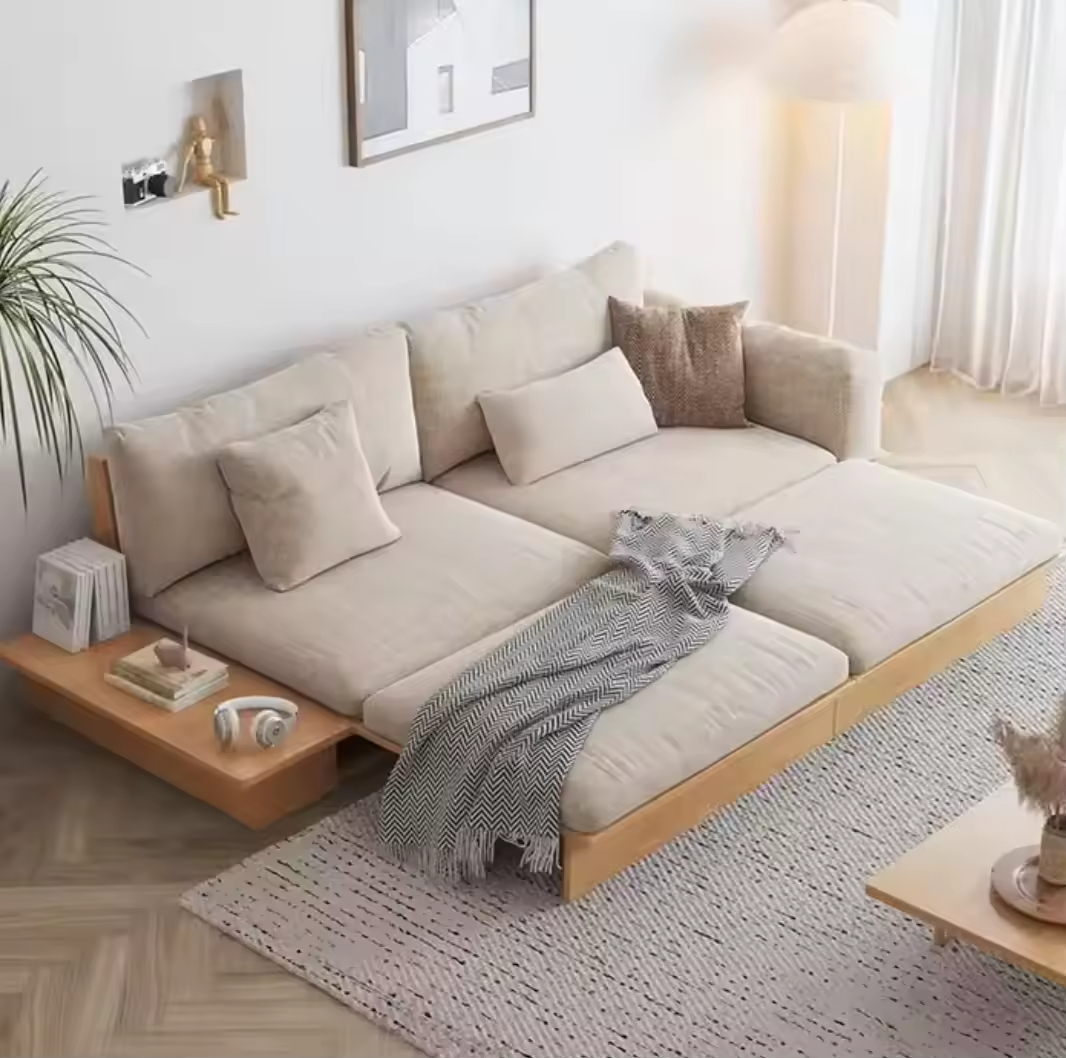 Sofá de tela de madera japonesa de bajo precio, suave y acogedor
