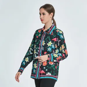 Oeko-tex Chứng Nhận Nhà Máy Bán Buôn Cổ Điển Nền Đen Flamingo In 100% Lụa Tops Cho Phụ Nữ