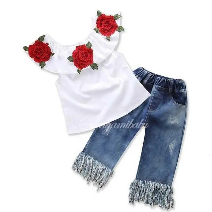 Wholesale summer beach kids flowers shirt jean set Children babies fashion kids Clothes outfit jean sets