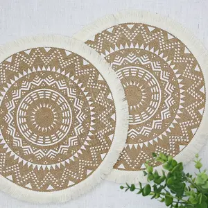 Boho Natural Jute with Fringe Table Mats for Dining Table 15" Round Woven Kitchen Collection Round Placemat Set