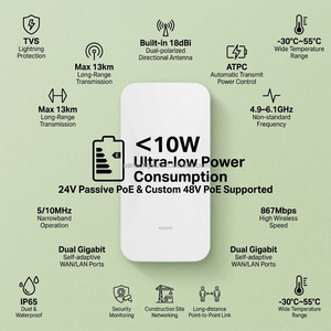 พอร์ต WAN/LAN กิกะบิตคู่ 5GHz 867Mbps บริดจ์ไร้สายภายนอกอาคารแบบ PtP ระยะไกล 12 กม. เสาอากาศแบบกำหนดทิศทาง 18dBi IP65 Gigabit PoE - Product Image 5