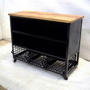 Armoire de salon en métal industriel avec dessus en bois, 3 bacs de rangement, design moderne, couleur noire, meubles pour la maison - Product Image 1