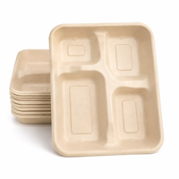 Plateau de service compostable et biodégradable en bagasse de canne à sucre à 4 compartiments avec couvercle pour buffet