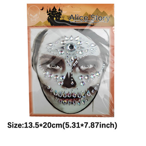 4 autocollants visage crâne en sucre, bijoux faciaux, tatouages temporaires d'Halloween, gemmes faciales, strass visage crâne, paillettes pour le Jour des Morts - Product Image 6