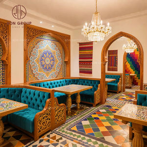 Bộ bàn ghế ăn hình chữ L phong cách Morocco sang trọng, làm từ gỗ chạm khắc thủ công, bọc nhung, kèm bàn đá cẩm thạch dành cho nhà hàng - Product Image 2