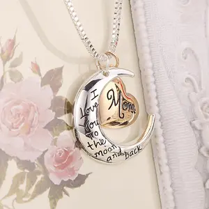 I Love You Mom To The Moon And Back' Gold Heart Silver Crescent Moon Pendant Necklace For Mother's Day Gift