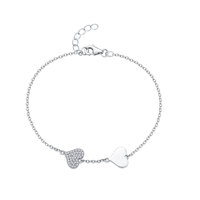 Pulsera de Plata de Ley 925 con Dos Corazones, Circonita Cúbica Pavé, Dije de Corazón Liso, Cadena de Cable Ajustable, Joyería para Mujer