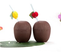 Gelas Minum Plastik Dessert Baru 500ML Motif Kelapa dengan Sedotan Bunga untuk Pesta, Laris Manis