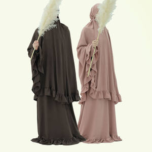 긴 주름 장식 Khimar 세트 겸손한 터키 Eid 무슬림 여성 원피스 이슬람 의류 도매기도 Abaya 2 조각 크레이프 - Product Image 1