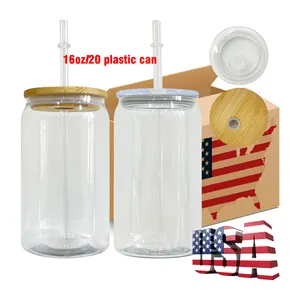 BPA free unbreakable Kids clear transparent PET plastic acrylic 16oz 20oz beer soda can beer mugs with bamboo lid and straw