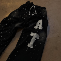 Pantalon large pour homme à taille haute avec cordon de serrage, broderie et strass, logo personnalisé, lavage à l'acide, 100% coton, style streetwear