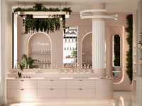 Meubles de magasin de beauté modernes, comptoir de présentation de maquillage sur mesure et vitrine murale pour cosmétiques