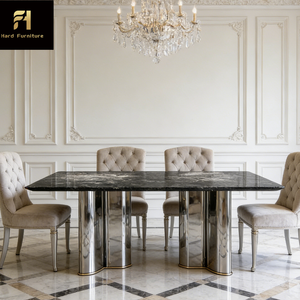 Tavolo da Pranzo di Lusso Moderno per 6 Persone in Acciaio Inossidabile e Marmo con Piano a Specchio Riflettente per Uso Alberghiero - Product Image 4