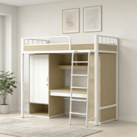 Lit mezzanine moderne en métal, gain de place, avec bureau, armoire, étagères de rangement et échelle de sécurité, tout-en-un, pour dortoir et usage hôtelier