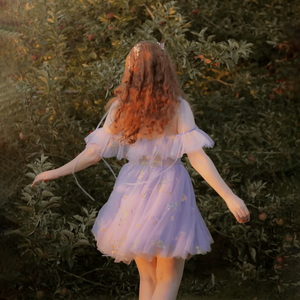 Chic Elegant Lilac Off Shoulder Ruffle Trim Tulle Hoa Thêu loe Phụ Nữ Cổ Tích Thanh Lịch Đảng Wedding Hợp Thời Trang Mini Dress - Product Image 3