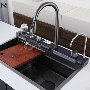 Fregadero de cocina inteligente <span class=keywords><strong>MYN</strong></span> con grifo de cascada, fregadero de cocina negro de panal biónico con ranura única grande de acero inoxidable - Product Image 2