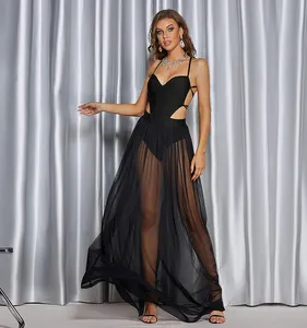 Elegante vestido de vendaje corpiño con falda de panel transparente Y RASTRO glamuroso