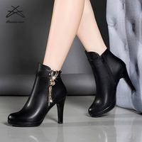 Vente chaude femmes hiver décontracté noir fermeture éclair dames chaussures à talons haut talon mince chaussures pour femmes bottines