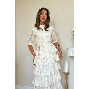 Robe élégante beige à motifs superposés, taille unique XL, longueur genou, pour le quotidien, les fêtes et le bureau, décolleté sans bretelles - Product Image 3