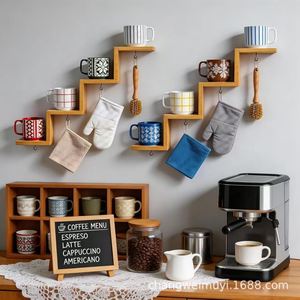 Solid Wood Wall <b>Shelf</b> 4 Layers Hanging Storage <b>Rack</b> For Kitchen Mug Spice Organizer Natural Color Rectangle Shape - Product Image 1