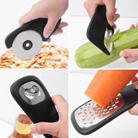 Ensemble d'outils de cuisine empilables 6 pièces : Trancheuse à melon, Hachoir à herbes, Presse-ail, Ouvre-boîte, Râpe à fromage, Coupe-pizza