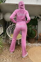 Ensemble 2 pièces en velours personnalisé pour femme, veste à capuche zippée et pantalon évasé, survêtement décontracté avec logo en strass, collection automne-hiver