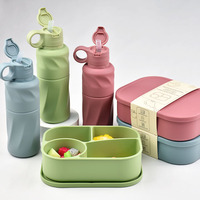 Boîtes de conservation alimentaire en silicone sans BPA, micro-ondables, boîte à lunch à quatre compartiments avec bouteille d'eau rayée de 600 ml