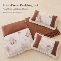 Parure de lit 4 pièces en velours de lait polyester, motif floral matelassé teint réactif, avec housse de couette en soie glacée et bordure à volants en dentelle