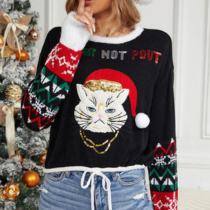 Trendy Pullover Festive Cat Design Gold Chain Sequin Detail Knitted <strong>Jumper</strong> Ladies Christmas Sweater - Product Image 4