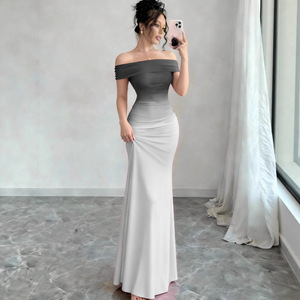 Nouvelle Robe Longue Dégradée à Manches Courtes et Épaule Dénudée Coupe Trapèze avec Taille Cintrée, Collection Automne 2026 - Product Image 4