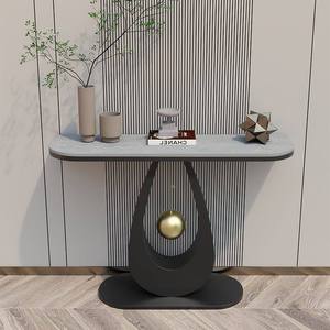 Table console minimaliste semi-circulaire ultra-étroite en dalle de schiste de luxe nordique pour entrée, salon et salle à manger - Product Image 2