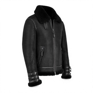 Veste de moto en cuir véritable noir pour homme, col rabattu, fermeture éclair, coupe ajustée, doublure en fausse fourrure, style hiver - Product Image 6
