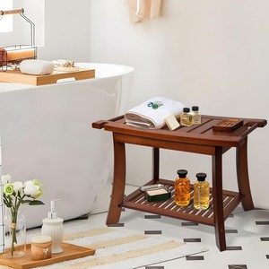 Tabouret de salle de bain en bois massif Le Rong 60x30x45cm avec étagère de rangement, chaise multifonctionnelle pour baignoire - Product Image 3