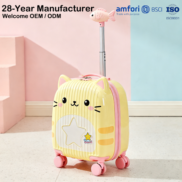 Cute Kids Carry on Luggage Hardshell Rolling Suitcase Spinner Wheels 18" Cat Suitcase for Boys Girls Children's Travel Luggage