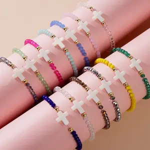 Bohemian Colorful Crystal Beaded Bracelet Personalized White Shell Cross Women's Stacked Bracelet Wholesale
