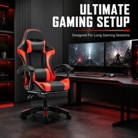 Chaise de jeu ergonomique moderne AOR en cuir PU rouge et noir, pivotante, dossier haut, inclinable, avec repose-tête réglable et vérin à gaz 3 positions