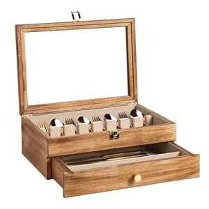 Boîte de rangement à double couche en bois avec couvercle en acrylique, organiseur de tiroir, boîte de rangement multifonction pour bureau - Product Image 2