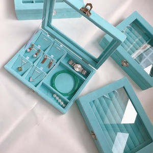 Reloj de terciopelo de madera azul con bisagras, brazalete, collar, anillo, pendiente, caja de almacenamiento, cuentas de cintura, caja de joyería, bandeja organizadora con tapa - Product Image 6