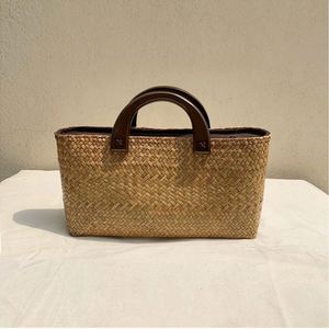 2025 Summer Hot Selling Casual Natural Grass Straw <b>Basket</b> Bag with Wood Handle Literary Retro Travel Beach Handbag - Product Image 6