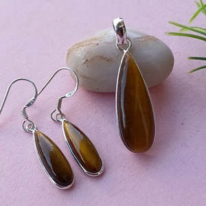 Tiger Eye Top Quality Gemstone Pear Shape Cut Stone <b>Solid</b> <b>Silver</b> Earring With Pendant Gemstone For Women Bulk Suppliers - Product Image 1