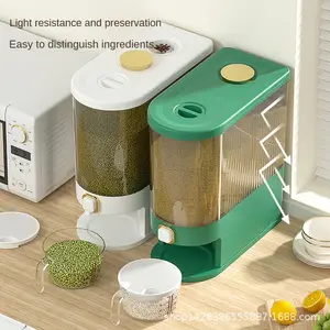 Caja de almacenamiento de alimentos de cocina de plástico transparente, contenedor de fecha, dispensador de arroz giratorio para mascotas con taza