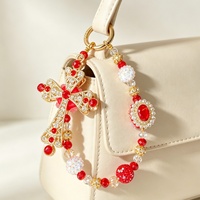 Dragonne de téléphone faite à la main en perles de cristal rouge, avec pendentif croix en strass, lanière de poignet, porte-clés et breloque de sac pour filles