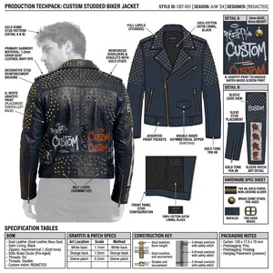 Chaqueta de Motero Azul Marino de Piel de Oveja con Tachuelas de Latón, Parche Bordado y Estampado Personalizado para Marca de Ropa Urbana Punk Rock, Venta al por Mayor OEM - Product Image 4