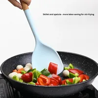 Peralatan Dapur Silikon Gagang Kayu Eropa Anti Lengket Anti Selip Anti Panas Set 10 Buah Biru Set Peralatan Masak Oven dan Dishwasher