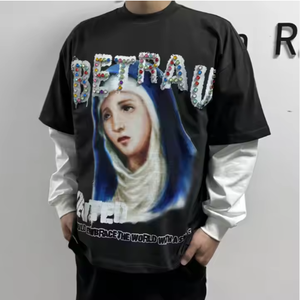 เฮฟวี่เวทผ้าฝ้าย100% บ็อกซี่เสื้อผ้าสตรีทแวร์เปิดไหล่ปล่อยว่างประดับพลอยเทียมสำหรับผู้ชายโอเวอร์ไซส์ - Product Image 5